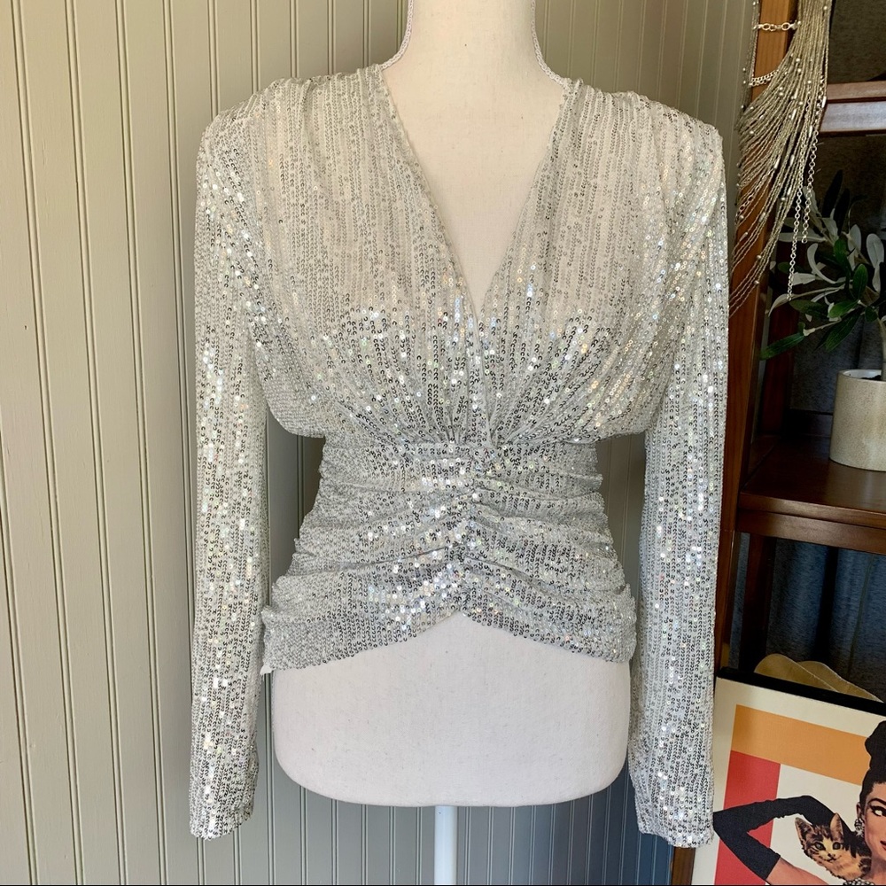 Sequin Silver Deep Plunge Ruched Party Blouse